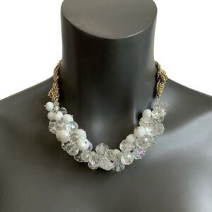 Clear White Crystals Cluster Gold Tone Multilayer Chain Statement Necklace 18-21